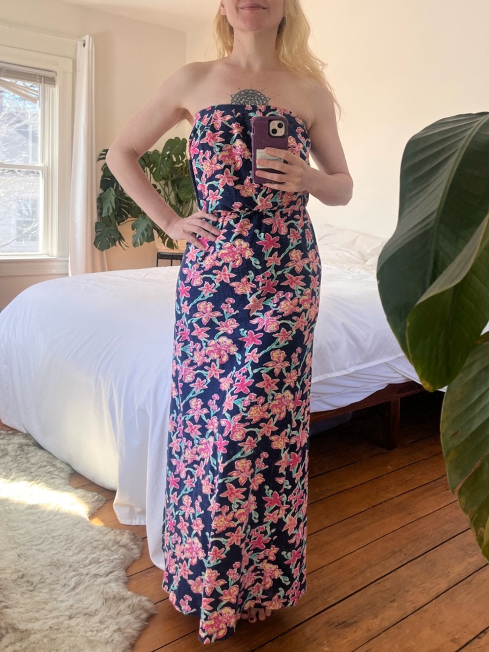 Lilly Pulitzer Marisa Maxi Dress Navy Blue Floral Orchid Print Small Peru